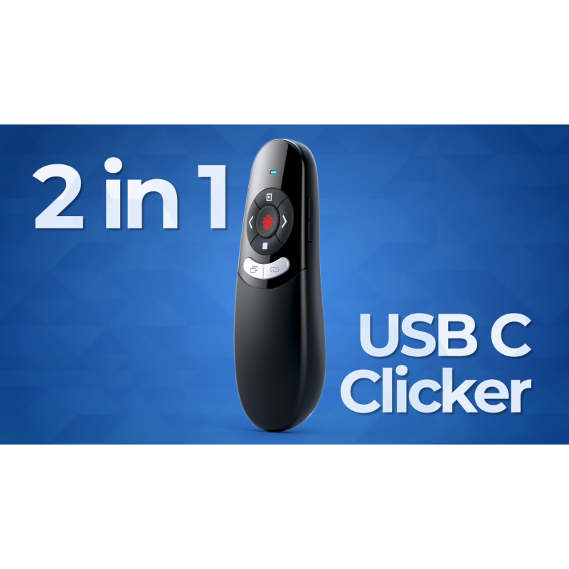 DINOSTRIKE 2 in 1 Type C 및 USB 프리젠테이션 리모콘(Powerpoint 프리젠테이션용), RF 2.4GHz 무선 프리젠터 Mac 노트북 컴퓨터 사무실 교실용 볼륨 조절 기능이 있는 원격 슬라이드 어드밴서