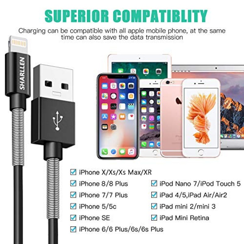 shallen 라이트닝 케이블 스프링 iPhone 충전기 케이블 5 팩 [3/6/10FT] USB 고속 충전 및 데이터 동기화 코드 긴 충전 케이블 호환 iPhone Xs/MAX/XR/X/8/8P/7/7P/6/iPad/iPod( 검은색)