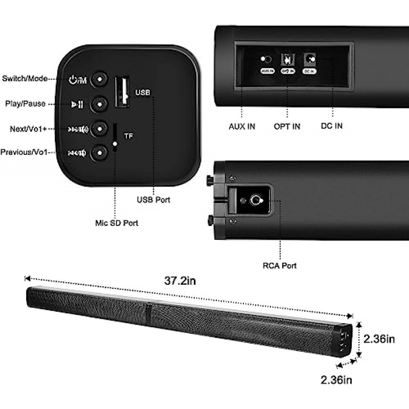 TV 사운드바 TV용 40W 사운드바 블루투스 5.0 사운드바 2 in 1 분리형 사운드바 홈시어터 오디오 분리형 사운드 스피커 시스템 무선 유선 TV 사운드바, 블루투스/광/AUX 연결