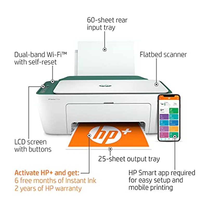 HP DeskJet 2742 시리즈 복합기 컬러 잉크젯 프린터 I 인쇄 복사 스캔 I 무선 USB 연결 I 모바일 인쇄 I 최대 4800 x 1200 DPI 인쇄 최대 7 ISO PPM I Sequoia + 프린터 케이블