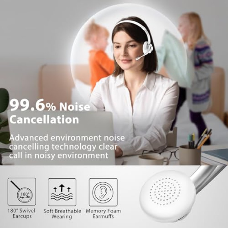 NOTESNEE 무선 헤드셋, Bluetooth 헤드셋 V5.1 QCC, 집에서 PC 작업을 위한 마이크가 있는 무선 헤드셋, 마이크가 있는 무선 헤드폰 소음 제거 및 음소거/충전 도크,Skype/줌