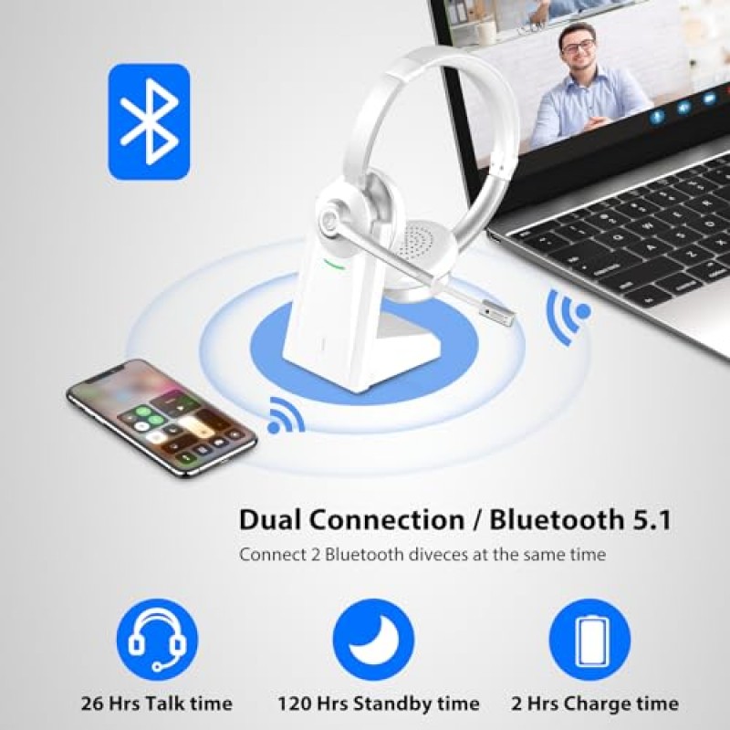 NOTESNEE 무선 헤드셋, Bluetooth 헤드셋 V5.1 QCC, 집에서 PC 작업을 위한 마이크가 있는 무선 헤드셋, 마이크가 있는 무선 헤드폰 소음 제거 및 음소거/충전 도크,Skype/줌