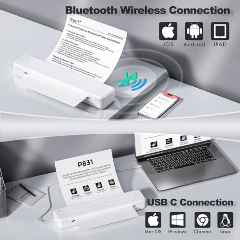 P831 여행용 무선 휴대용 프린터, Itari Bluetooth 열전사 프린터, 8.5x11 US Letter 및 A4 복사 용지용 300DPI 잉크리스 프린터, 홈 오피스용 소형 모바일 및 노트북 프린터 화이트