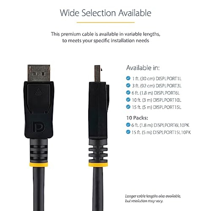 StarTech.com 15피트 DisplayPort 1.2 케이블(래치 포함) - 4K x 2K(4096 x 2160) @ 60Hz - DPCP 및 HDCP - 수-수 DP 비디오 모니터 케이블(DISPLPORT15L), 검정색