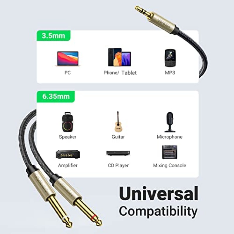 UGREEN 1/8 ~ 1/4 스테레오 케이블 3.5mm TRS ~ 듀얼 6.35mm 1/4 TS 모노 Y 분배기 오디오 코드 어댑터 iPhone, PC, 컴퓨터 사운드 카드, 믹서, 멀티미디어 스피커, 홈 스테레오 시스템 6FT와 호환 가능