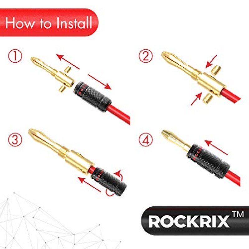 ROCKRIX 바나나 플러그 6쌍/12개, 스피커 와이어, 월 플레이트, 홈 시어터, 오디오/비디오 수신기, 증폭기 및 사운드 시스템용 이중 폐쇄 나사 24K 금도금 바나나 커넥터