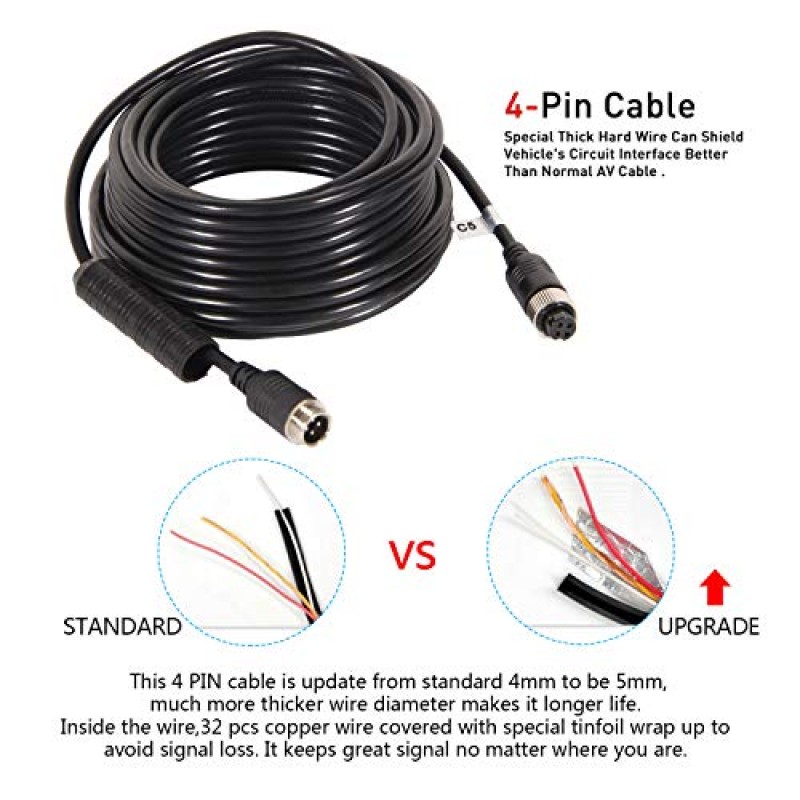 DALLUX 백업 카메라 케이블 차량용 4PIN 비디오 전원 항공 연장 와이어 자동차 캠핑카 버스 밴 트럭 캠핑카 트레일러 RV 역방향 후방 모니터 CCTV 시스템 방수 충격 방지 5m 16.4ft