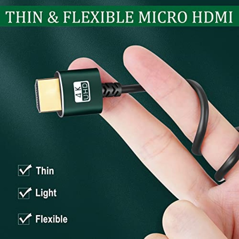 Tsucords 얇은 마이크로 HDMI - HDMI 케이블 1FT, 울트라 슬림하고 유연한 소프트 마이크로 HDMI D 유형 - HDMI A 유형 케이블은 GoPro Hero7/8/9 Raspberry Pi 4용 3D/4K@60Hz/18gbps/2160P/1080P를 지원합니다.