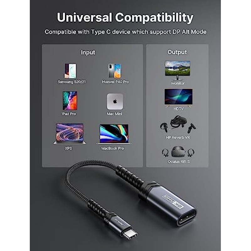 JSAUX USB C-DisplayPort 1.4 어댑터 [8K@60Hz, 4K@144Hz 120Hz, 2K@240Hz] Dynamic HDR, 3D Thunderbolt 4/3-디스플레이 포트 호환 Oculus Rift S, MacBook Pro, Reverb G2, Dell XPS, Surface Pro