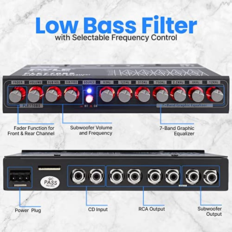 서브우퍼 채널에 맞게 조정 가능한 서브 볼륨이 있는 7밴드 그래픽 이퀄라이저, 무선 음악 스트리밍을 위한 Bluetooth 내장, 스테레오 RCA 출력, Aux RCA 입력, 장착 하드웨어 포함