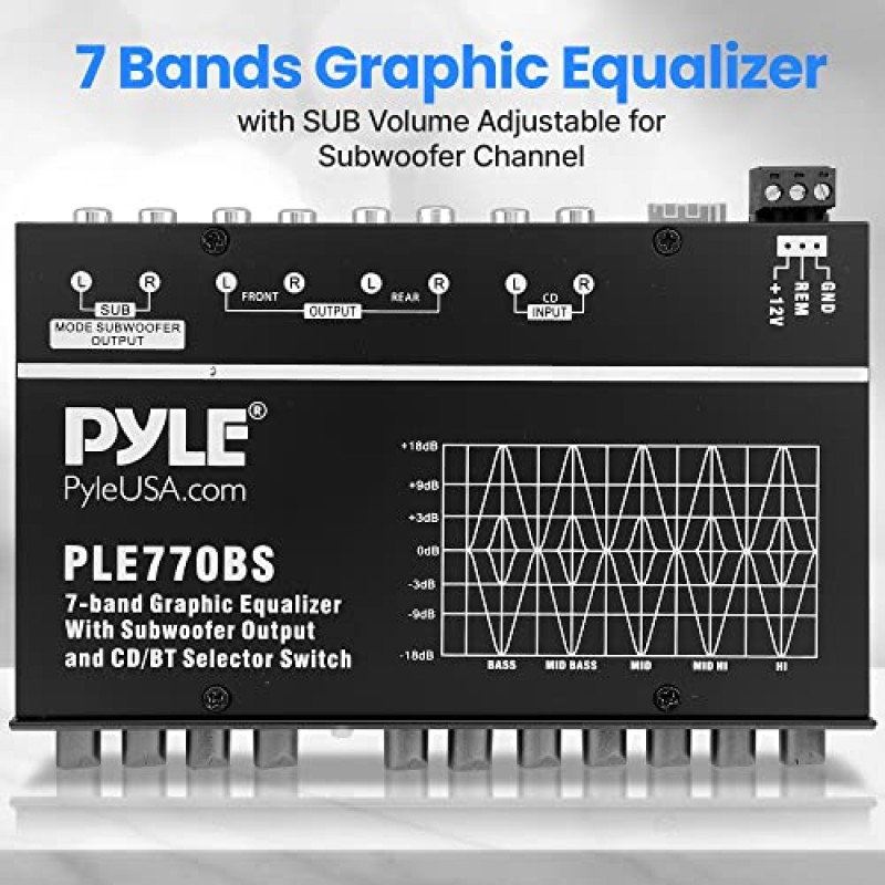 서브우퍼 채널에 맞게 조정 가능한 서브 볼륨이 있는 7밴드 그래픽 이퀄라이저, 무선 음악 스트리밍을 위한 Bluetooth 내장, 스테레오 RCA 출력, Aux RCA 입력, 장착 하드웨어 포함