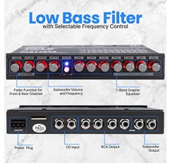 서브우퍼 채널에 맞게 조정 가능한 서브 볼륨이 있는 7밴드 그래픽 이퀄라이저, 무선 음악 스트리밍을 위한 Bluetooth 내장, 스테레오 RCA 출력, Aux RCA 입력, 장착 하드웨어 포함
