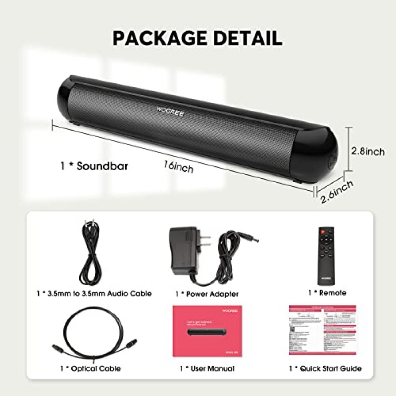 wogree 16인치 미니 블루투스 5.0 TV 스피커 사운드바, TV용 소형 사운드 바, 침실, 거실, 주방 및 기타 작은 공간용 LED 디스플레이 포함