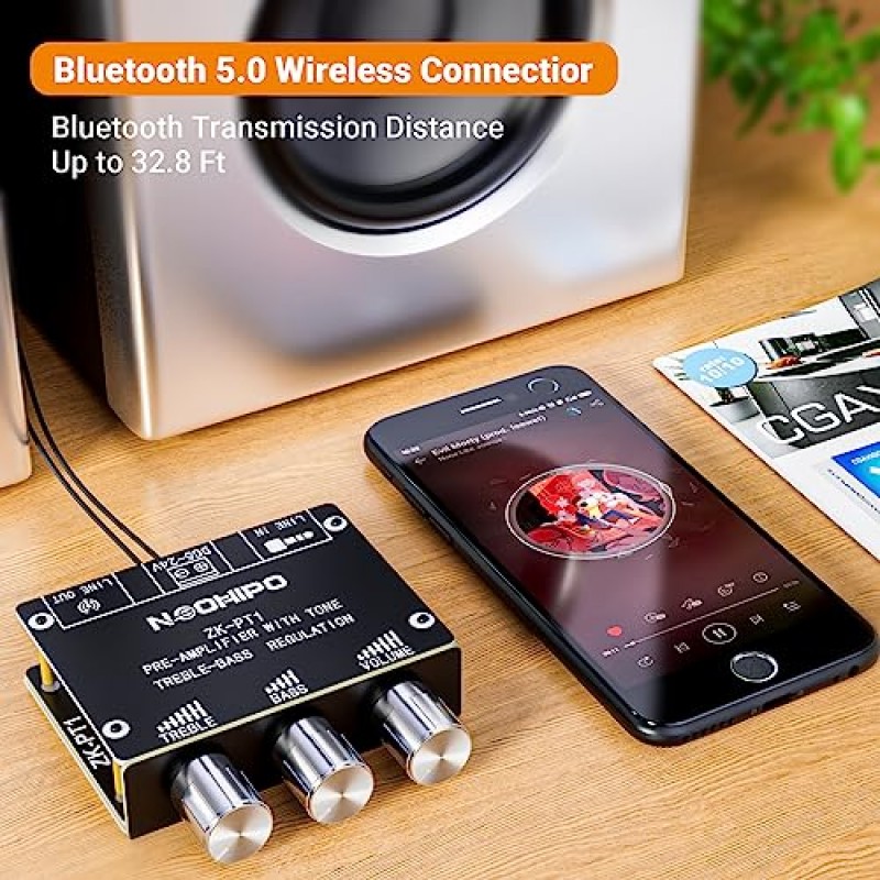 NEOHIPO ZK-PT1 Bluetooth 5.0 2 채널 프리 앰프 보드 스테레오 오디오 미니 프리 앰프 DIY 홈 시어터 HiFi 시스템 용 고음 및 저음 제어 기능이있는 3.5mm AUX 입력