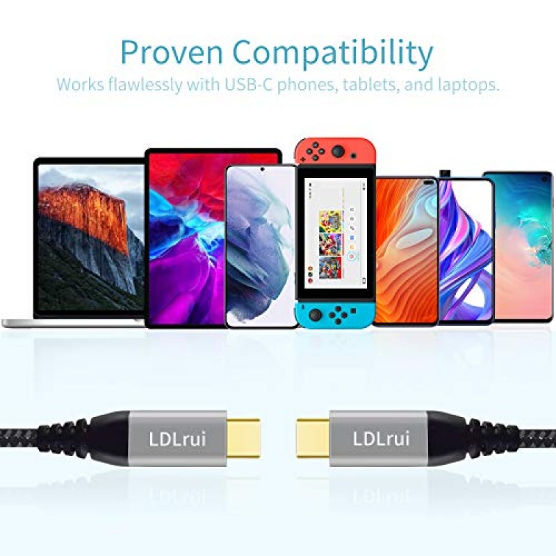 LDLrui 10FT USB C-USB C 케이블(4K@60Hz, 100W, 20Gbps), 매우 긴 USB C 충전기 케이블, USBC-USBC 비디오 출력, MacBook Pro, iPad Pro, Galaxy S22 S21 S20, USB-C용 고속 충전 및 동기화 감시 장치