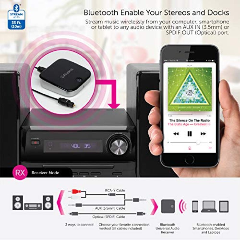 Aluratek ADB1B Bluetooth 오디오 수신기 및 송신기, 2-in-1 무선 3.5mm, AUX, 광 오디오 어댑터, 송신기 모드에서 동시에 2개의 Bluetooth 헤드폰과 페어링