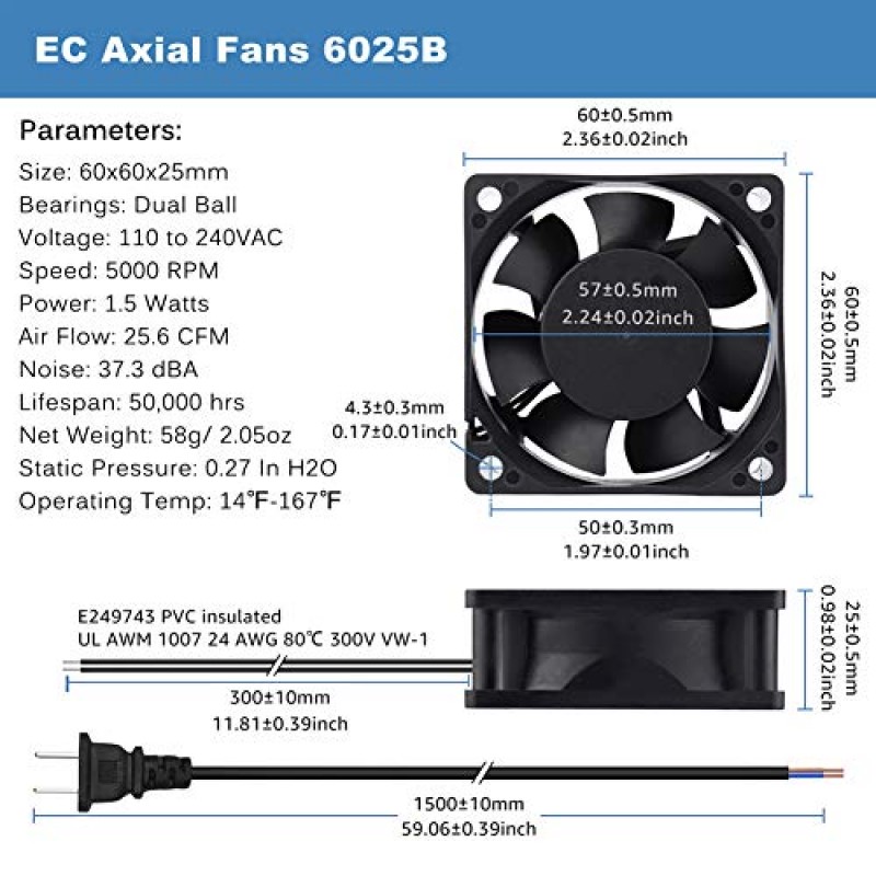 GDSTIME EC 냉각 팬 60mm x 60mm x 25mm AC 110V 115V 120V 220V 240V 듀얼 볼 베어링