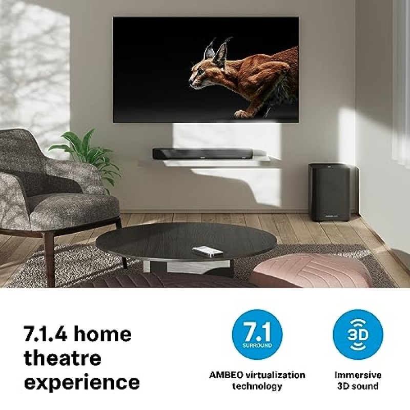 Sennheiser AMBEO Soundbar Mini - TV, 영화, 음악을 위한 몰입형 3D 오디오 - 강력한 적응형 기능, 다중 연결성 및 직관적인 사용을 갖춘 소형 장치