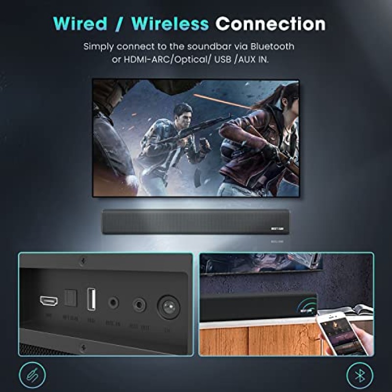 100와트 32인치 사운드바, 듀얼 서브우퍼 TV 스피커가 내장된 Bestisan 2.1채널 Bluetooth 5.0 사운드바(2022년 업데이트, 3가지 오디오 모드, HDMI 기능)