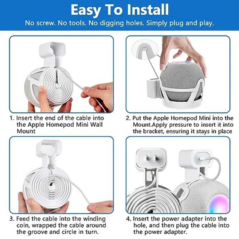 CUHIOY 홈팟 미니 벽걸이, 내장 코드 관리 콘센트 홈 포드 스피커 스탠드, 홈팟용 공간 절약형 스마트 스피커 플러그 홀더, 안전하고 안정적인 스피커 액세서리(흰색, 2팩)