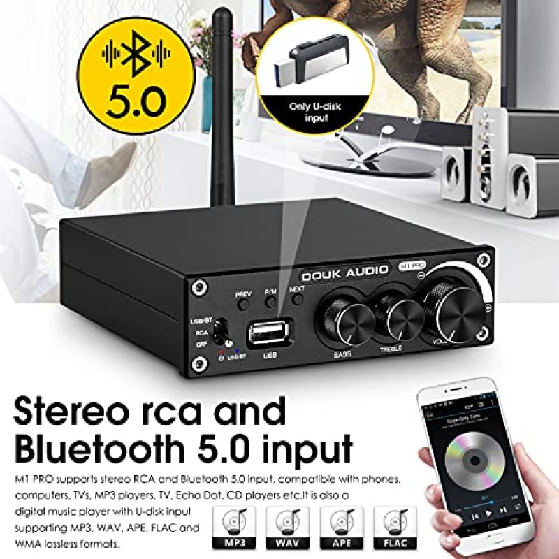 Douk Audio M1 PRO 320W Bluetooth 전력 증폭기, 2채널 오디오 앰프, 무선 수신기, 홈 스테레오 스피커/액티브 서브우퍼, 고음 및 저음 제어/U-디스크 음악 플레이어 포함