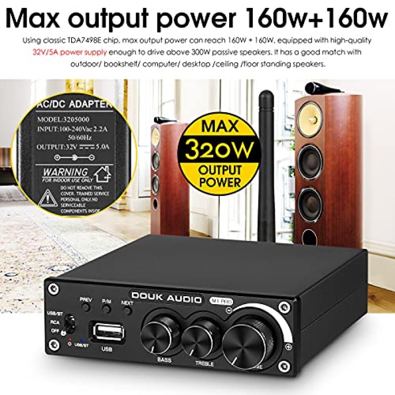 Douk Audio M1 PRO 320W Bluetooth 전력 증폭기, 2채널 오디오 앰프, 무선 수신기, 홈 스테레오 스피커/액티브 서브우퍼, 고음 및 저음 제어/U-디스크 음악 플레이어 포함