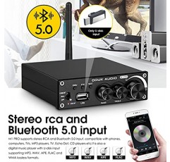 Douk Audio M1 PRO 320W Bluetooth 전력 증폭기, 2채널 오디오 앰프, 무선 수신기, 홈 스테레오 스피커/액티브 서브우퍼, 고음 및 저음 제어/U-디스크 음악 플레이어 포함