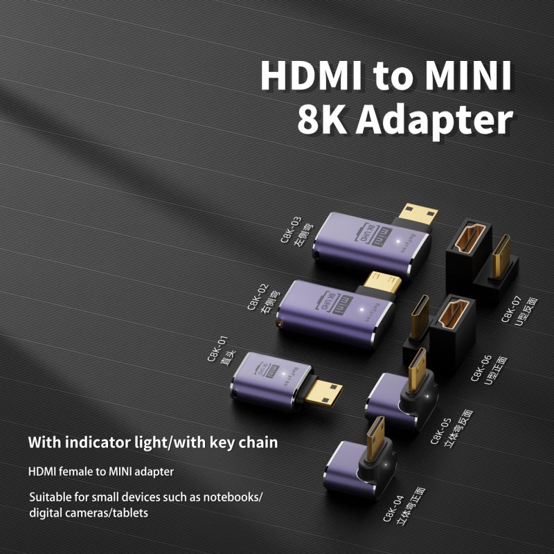 8K@60Hz 90도 직각 HDMI-MINI 고속 어댑터(7개 팩), HDR, 3D, 48Gbps 지원, DSLR, 캠코더, 그래픽 카드, 노트북, 프로젝터와 호환 가능, 가정 및 사무실 사용에 적합