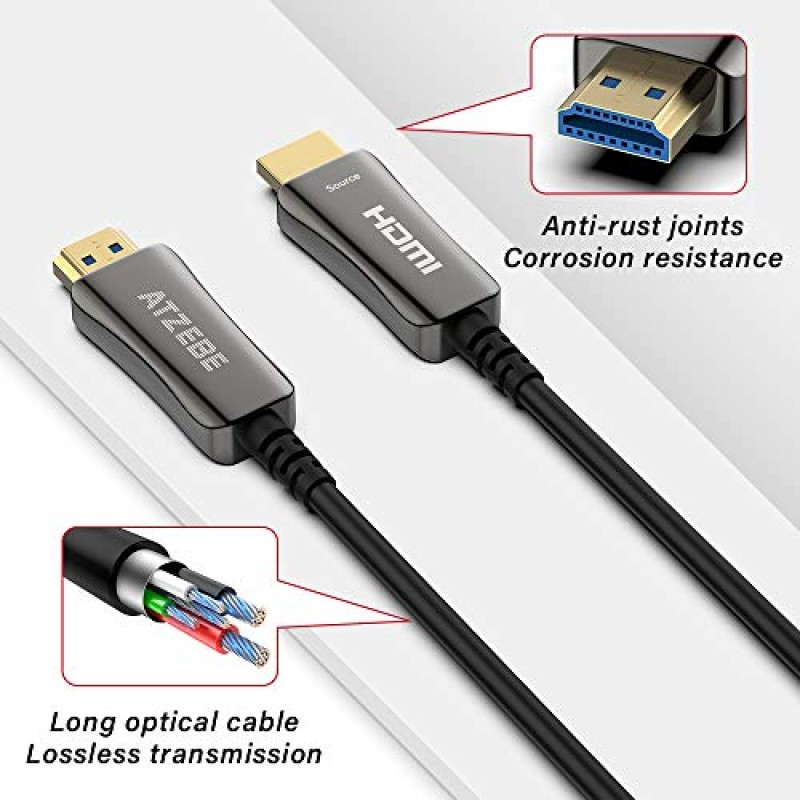 ATZEBE 광섬유 HDMI 케이블 15피트, 광섬유 HDMI 케이블은 4K@60Hz, 4:4:4/4:2:2/4:2:0, HDR, Dolby Vision, HDCP2.2, ARC, 3D, 고속 18Gbps를 지원합니다. 슬림하고 유연한 HDMI 광섬유 케이블