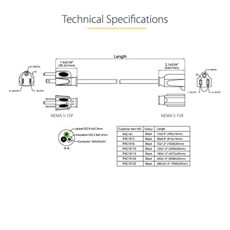 StarTech.com 20피트(6m) 전원 연장 코드, NEMA 5-15R ~ NEMA 5-15P 검정색 연장 코드, 13A 125V, 16AWG, 콘센트 연장 전원 케이블, NEMA 5-15R ~ NEMA 5-15P AC 전원 코드 - UL 인증( PAC10120)