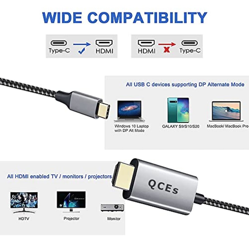 QCEs USB C - HDMI 어댑터 케이블 6Ft, 홈 오피스용 USB Type C - HDMI 케이블, 4K 디스플레이 Thunderbolt 3 MacBook Pro/Air 2020, iPad Pro 2018, Galaxy S20, Surface Book 2, XPS 등과 호환 가능