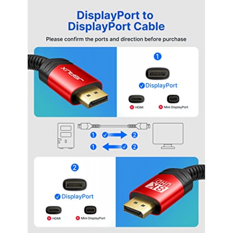 8K DisplayPort 케이블 2팩, JSAUX DP 케이블 10피트(8K@60Hz, 2K@240Hz, 4K@144Hz, 32.4Gbps), 디스플레이 포트-디스플레이 포트 케이블 1.4(DP-DP 케이블) 게임용 노트북 TV PC 컴퓨터 모니터와 호환 가능-빨간색