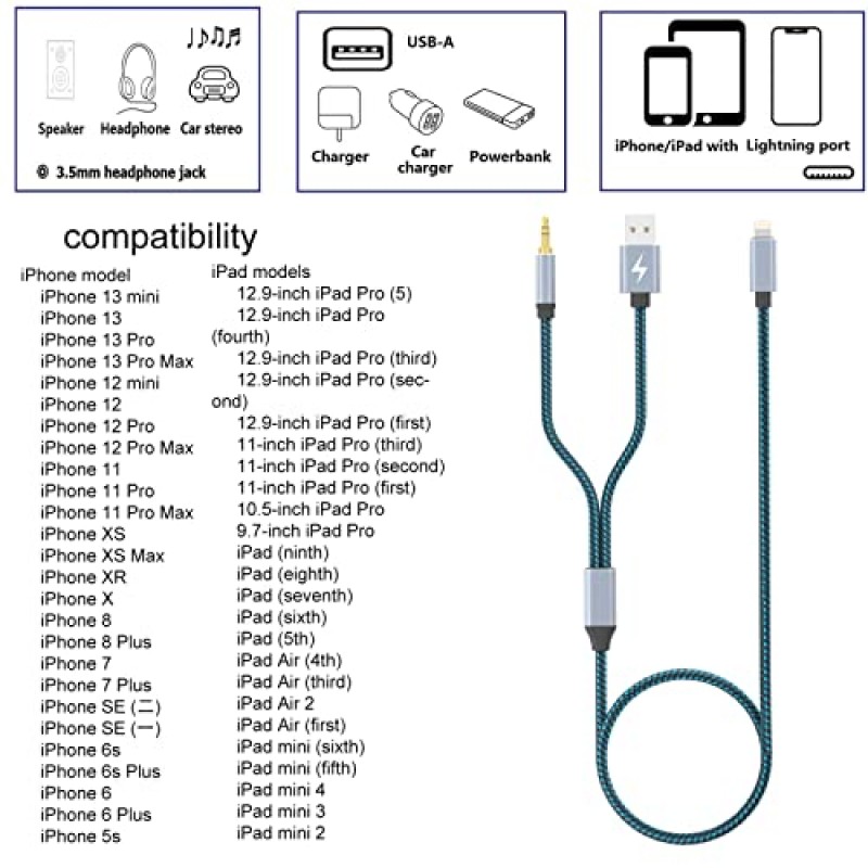 GobbaGoods Lightning - 3.5mm Aux 코드 오디오 잭 2 in 1 충전 오디오 케이블은 차량용 스테레오 스피커와 함께 작동합니다. 헤드폰 차량용 충전기 - 3.5mm 스테레오 Aux 케이블은 13 Pro/12/11/X/8/7 3.3FT와 호환됩니다.