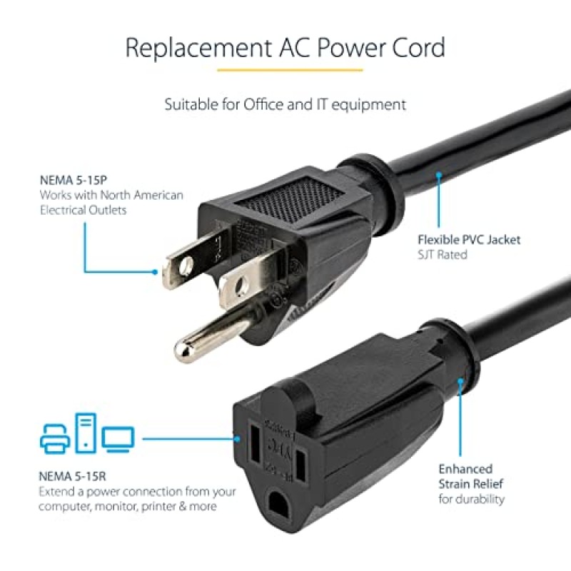 StarTech.com 10피트(3m) 고강도 연장 코드, NEMA 5-15R ~ NEMA 5-15P 검정색 연장 코드, 15A 125V, 14AWG, 헤비 게이지 전원 연장 케이블, 헤비 듀티 AC 전원 코드, UL 등록(PAC1011410)