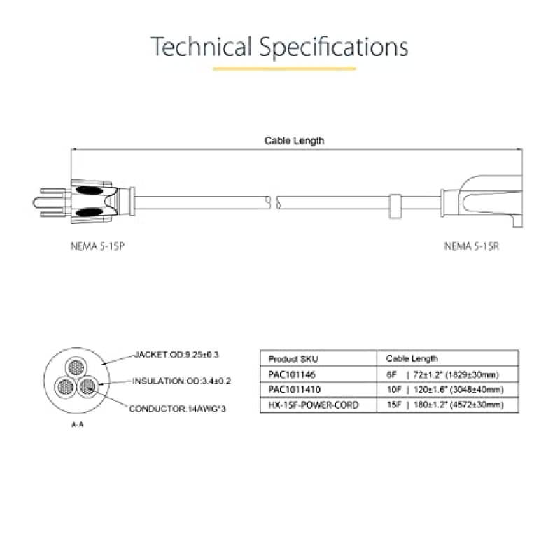 StarTech.com 10피트(3m) 고강도 연장 코드, NEMA 5-15R ~ NEMA 5-15P 검정색 연장 코드, 15A 125V, 14AWG, 헤비 게이지 전원 연장 케이블, 헤비 듀티 AC 전원 코드, UL 등록(PAC1011410)