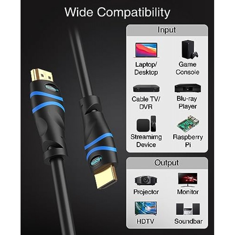 BlueRigger 4K HDMI 케이블 50FT(4K 30Hz, HDR10, 벽 내 CL3 등급, 고속, HDCP2.2, eARC) - 홈 시어터, HDTV, 게임 콘솔, 스트리밍 장치와 호환되는 긴 HDMI 케이블