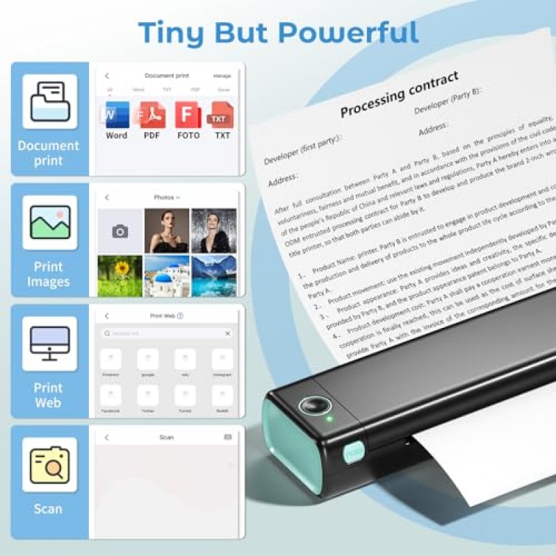 휴대용 열전사 프린터 무선 여행 - 휴대폰용 Bluetooth 프린터, 노트북용 소형 모바일 프린터, 차량용 소형 잉크리스 프린터 가정용 학교 사무실, 8.5