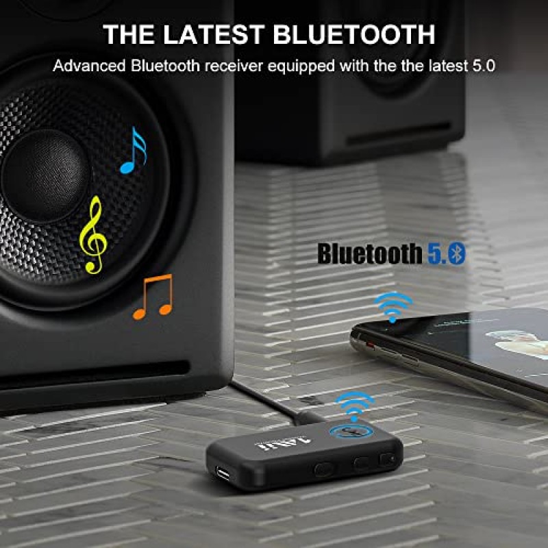 자동차/홈 스테레오용 1Mii Bluetooth 5.0 음악 수신기, 볼륨 조절 기능이 있는 자동차용 Aux Bluetooth 어댑터, 핸즈프리 통화 지원, 16H 배터리 수명