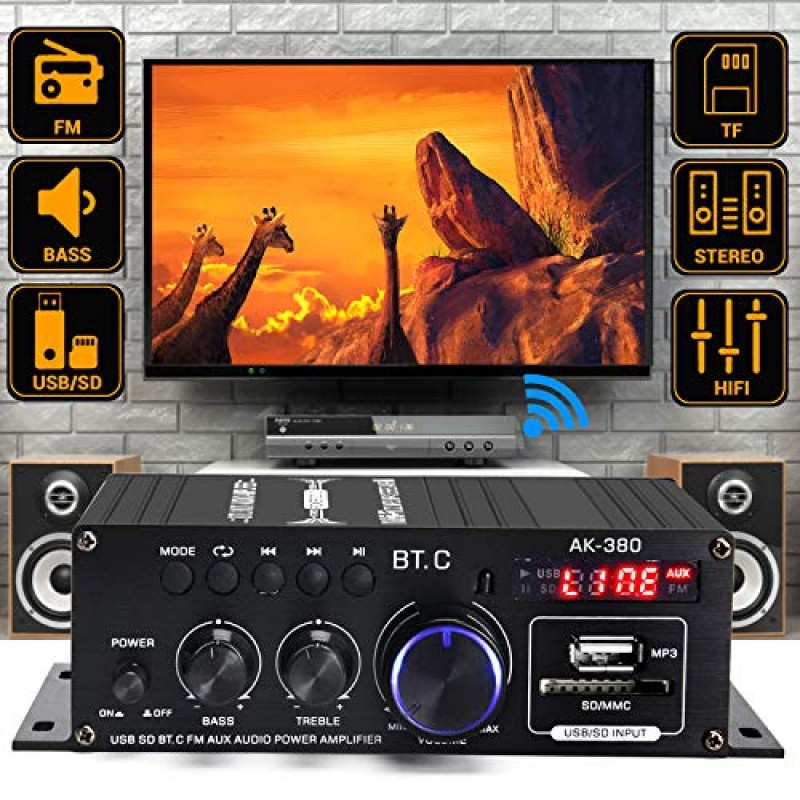 Suacopzar AK-380 Bluetooth 5.0 가정용 오디오 증폭기, 최대 400W + 400W 2.0CH HiFi 스테레오 증폭기, 12V 5A 전원 공급 장치, 무선 증폭기 수신기, USB SD BT.C FM AUX, 차량용 홈 바 차고용