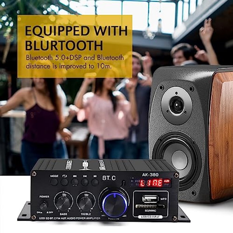 Suacopzar AK-380 Bluetooth 5.0 가정용 오디오 증폭기, 최대 400W + 400W 2.0CH HiFi 스테레오 증폭기, 12V 5A 전원 공급 장치, 무선 증폭기 수신기, USB SD BT.C FM AUX, 차량용 홈 바 차고용