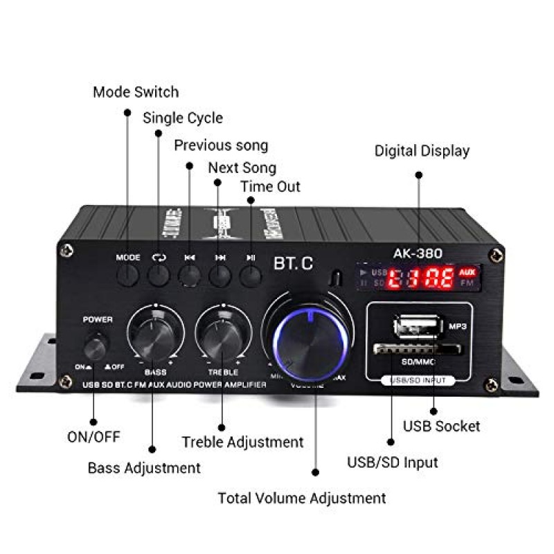 Suacopzar AK-380 Bluetooth 5.0 가정용 오디오 증폭기, 최대 400W + 400W 2.0CH HiFi 스테레오 증폭기, 12V 5A 전원 공급 장치, 무선 증폭기 수신기, USB SD BT.C FM AUX, 차량용 홈 바 차고용