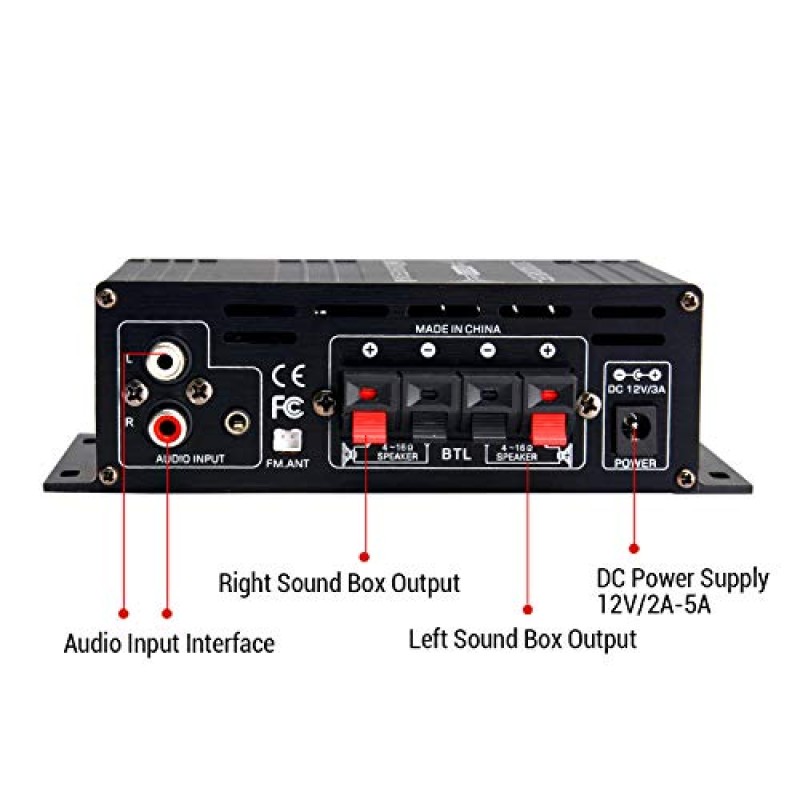 Suacopzar AK-380 Bluetooth 5.0 가정용 오디오 증폭기, 최대 400W + 400W 2.0CH HiFi 스테레오 증폭기, 12V 5A 전원 공급 장치, 무선 증폭기 수신기, USB SD BT.C FM AUX, 차량용 홈 바 차고용