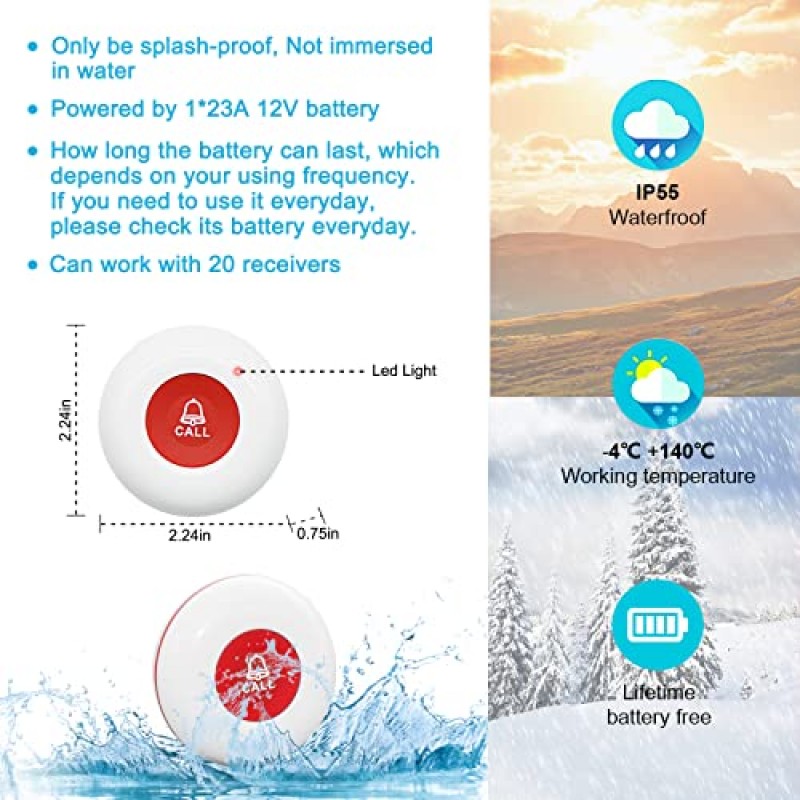 CallToU 간병인 호출기 호출 버튼 노인 무선 호출 버튼 진동 호출기 가정 노인 장애인 환자를 위한 간호사 호출 경보 시스템 송신기 2개 수신기 1개