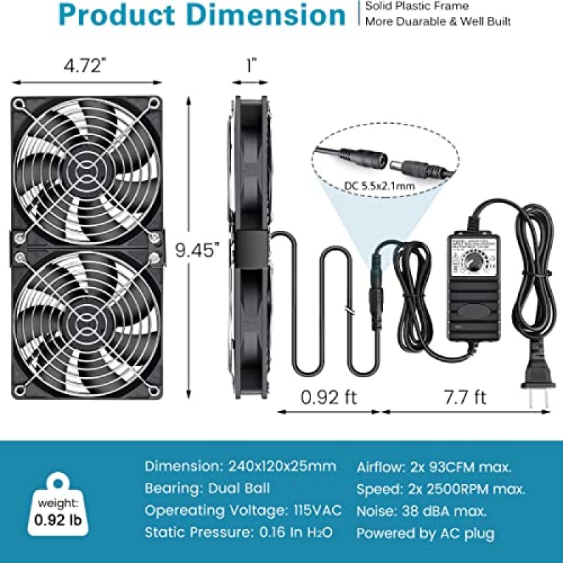 GDSTIME 큰 공기 흐름 듀얼 120mm 팬 DC 12V 전원 팬(AC 110V - 240V 속도 제어 포함), 캐비닛 섀시 냉각 팬, 서버 워크스테이션 냉각 팬