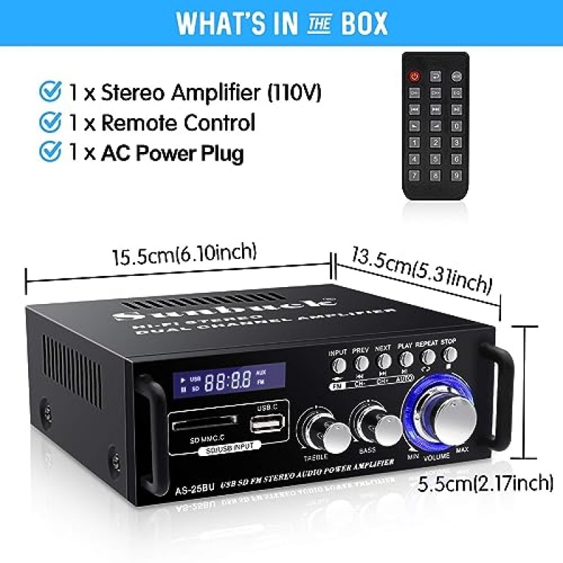 Sunbuck Max 300Wx2 홈 스테레오 앰프, Bluetooth 스테레오 수신기, Hi-Fi 소형 스피커 수신기, 원격 제어 기능이 있는 2채널 앰프 홈 오디오, USB2.0, 스피커용 실외 수신기, AS-25BU