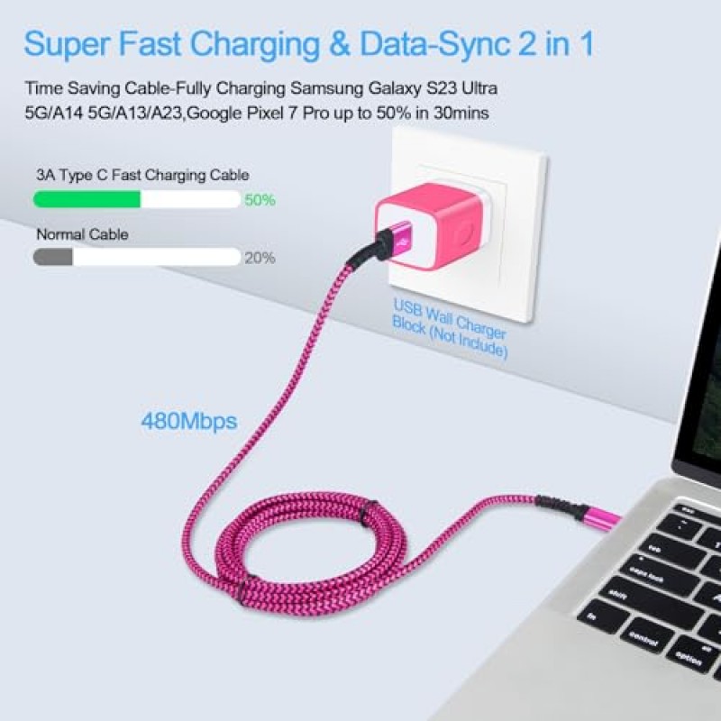 유형 C 고속 충전 케이블 3팩 10FT USB C to USB Google Pixel 7a 6 5, iPhone 15, Samsung Galaxy A14 5G/A54/A23/S23 Ultra/A13/Z Fold 5/A34/A24/용 Android 휴대폰 충전기 코드 A53/S21 FE/A03S/S22/A04S