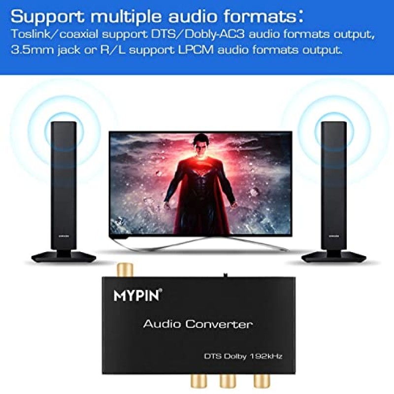 192KHz DAC 변환기 다기능 오디오 변환기, HDMI ARC 오디오 추출기 어댑터, Toslink(광) 또는 동축 또는 HDMI ARC 입력 - 동축 + Toslink(광) + 스테레오 L/R + 3.5mm 잭 출력