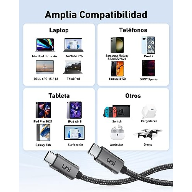 uni USB C - USB C 케이블 6.6피트, 긴 USB 유형 C 100W 고속 충전 나일론 편조 케이블 iPhone 15/15Pro/15Plus/15ProMax, MacBook Pro 2022, iPad Pro 2022, Samsung Galaxy S23 Ultra 등과 호환 가능