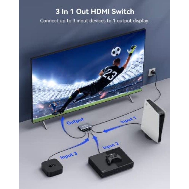 HDMI 스위치 3 in 1 Out 4K@60Hz, 원격 기능이 있는 GANA HDMI 분배기 스위처, 3D, HDCP2.2, HDR용 알루미늄 HDMI 2.0 스위치 박스 허브, Xbox, PS5/4/3, Fire Stick, Roku, Blu-Ray와 호환 가능 플레이어, 그레이