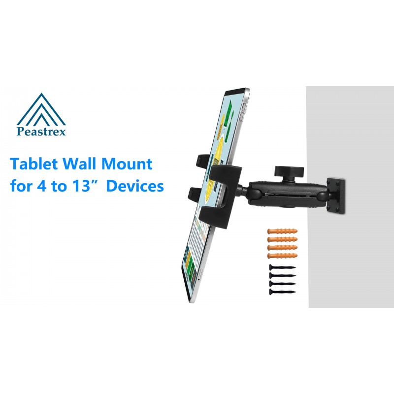 긴 팔이 있는 Peastrex 태블릿 아이패드 벽걸이 홀더 4~13.5인치 태블릿 및 휴대폰 아이패드 프로 12.9, 갤럭시 탭, 표면 스위치, 아이폰, 가정, 교실용 360° 조정 가능
